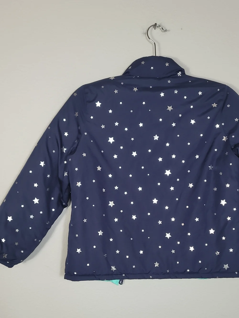 Gap Girls Reversible Puffer Jacket Size Medium 8 Navy Stars Teal Winter Kids